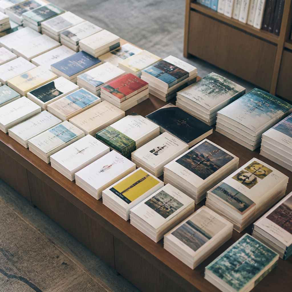 書店の平台を斜め上から見たところ。文庫、新書、四六判の単行本、大型本が判型ごとにまとまって置かれている