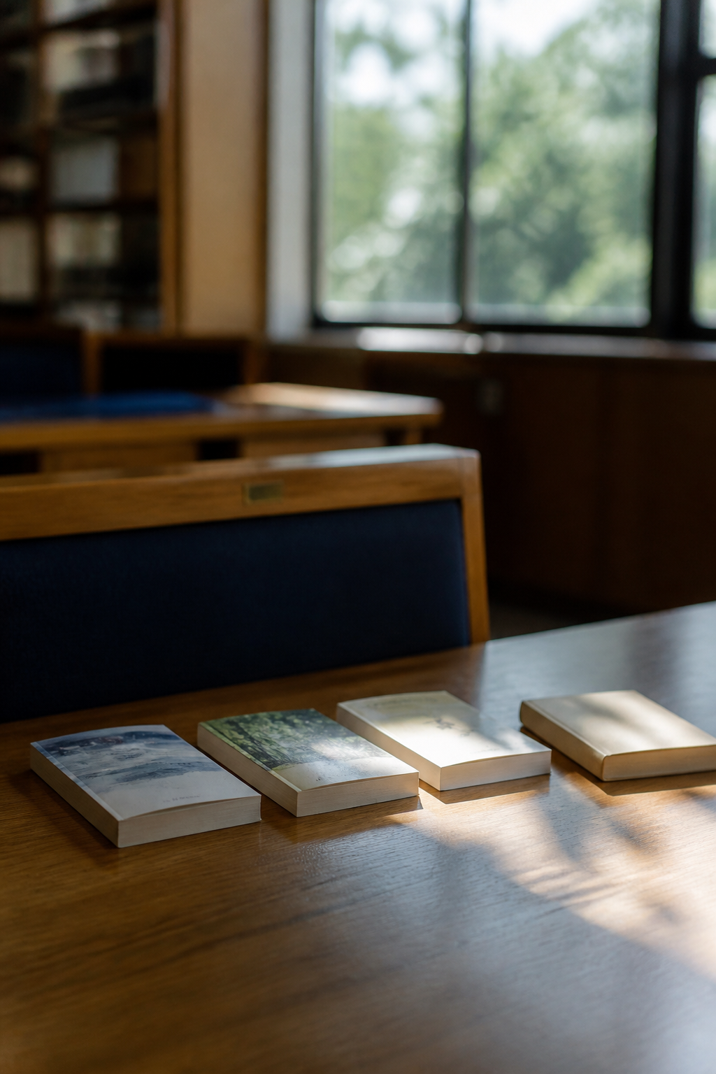 図書館の閲覧机に並べられた薄い文庫本三冊と、まだ開かれていない一冊。窓から午後の光が差している
